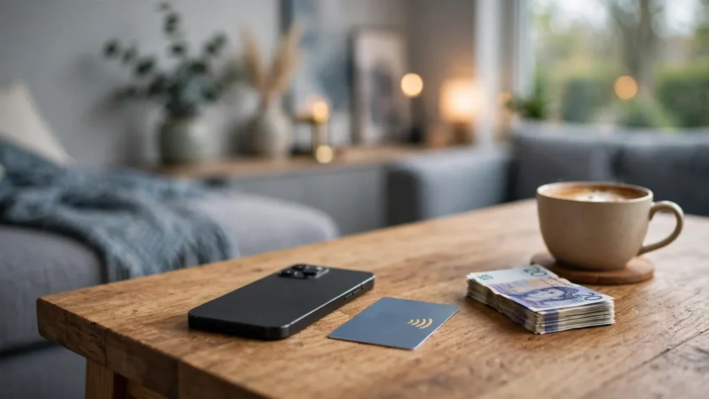 Smartphone face-down beside a contactless card and British pounds on a wooden table.