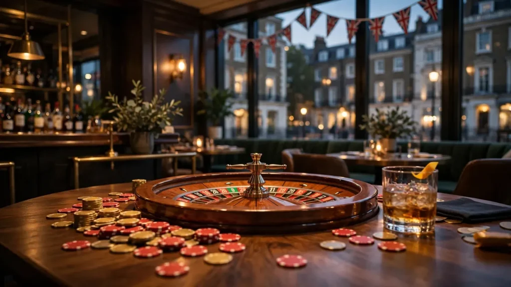 Casino chips and roulette wheel on a wooden table in a British lounge