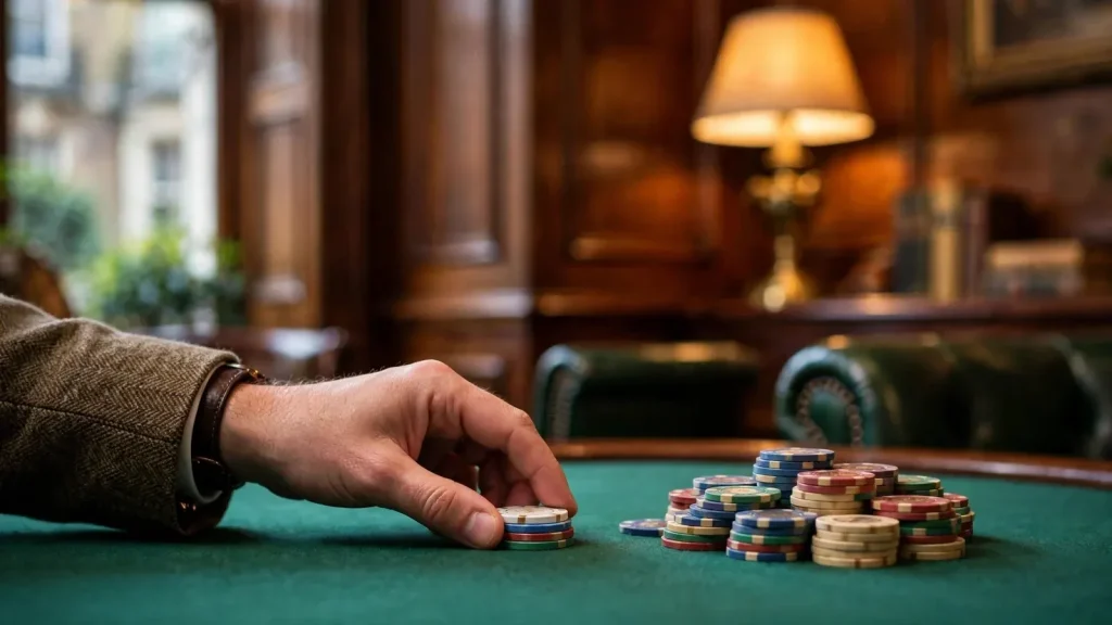 Hand returning casino chips across a green felt table in an elegant British club interior, symbolising a cashback bonus.