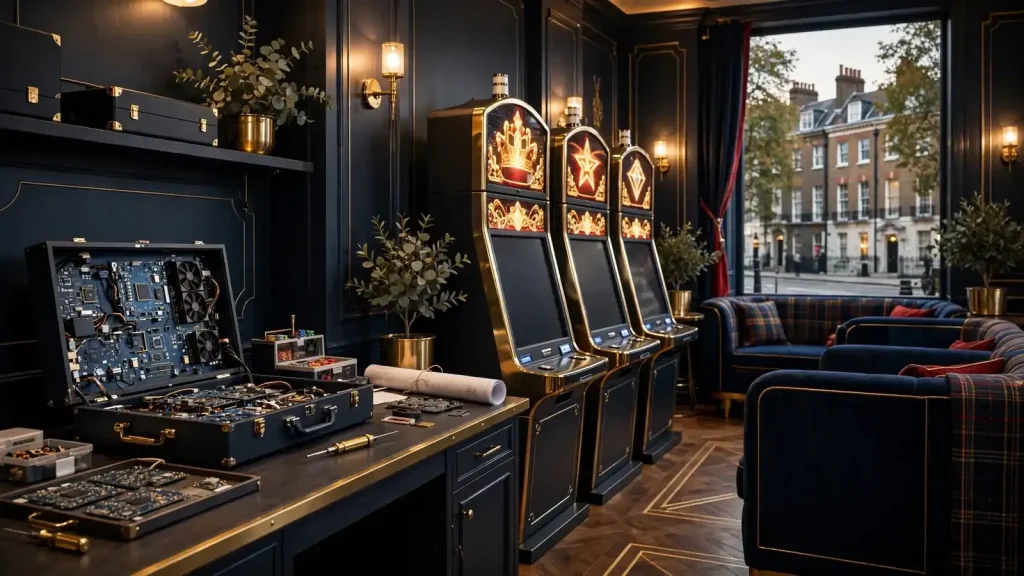UK casino-themed jackpot slot scene with abstract machines and London-inspired ambience