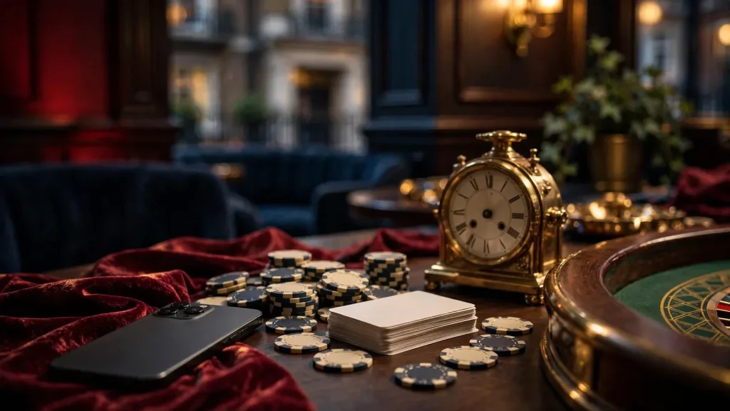 Face-down smartphone, casino chips, brass clock and roulette table in a UK gaming lounge