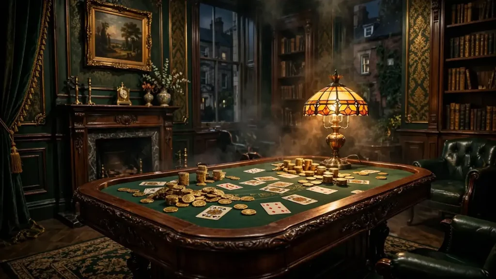 Mystical British casino lounge with gold chips and vintage table