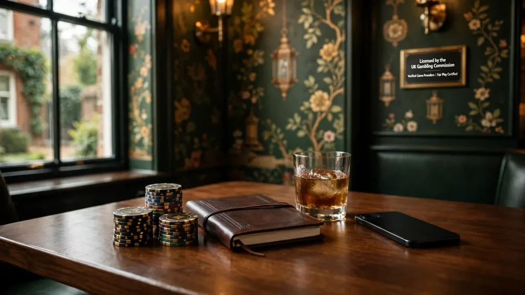 British casino table scene with chips, whisky, and a face-down smartphone in warm amber tones