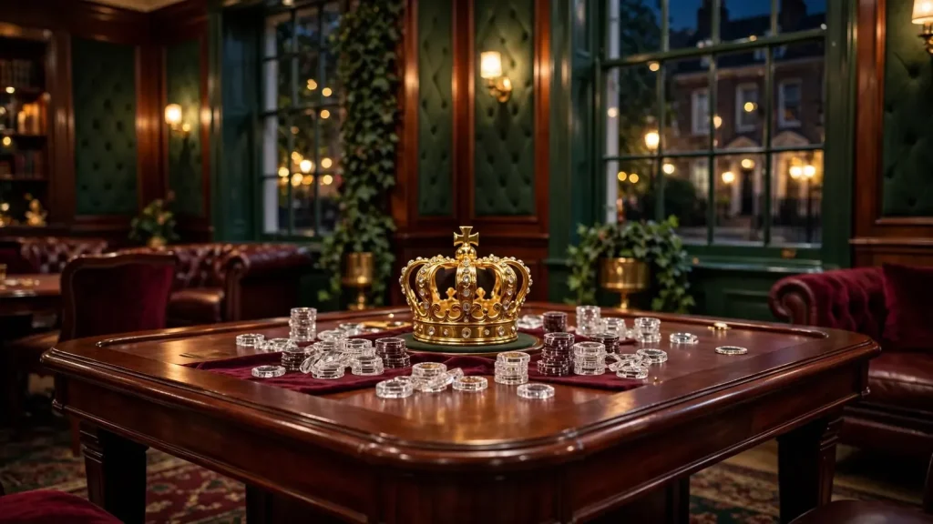 Elegant British casino lounge with golden crown and chips on a polished table