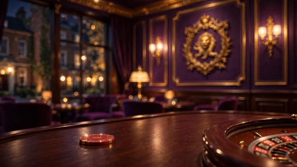 Luxurious British casino lounge with roulette wheel and lion motif decor