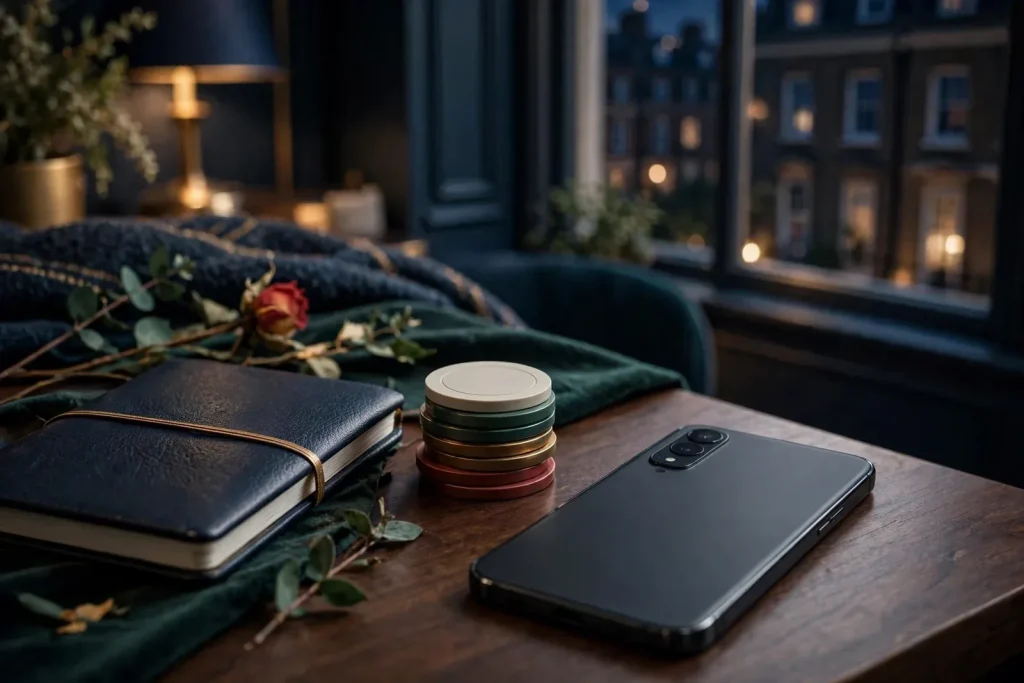 Face-down smartphone with casino tokens in a stylish UK interior