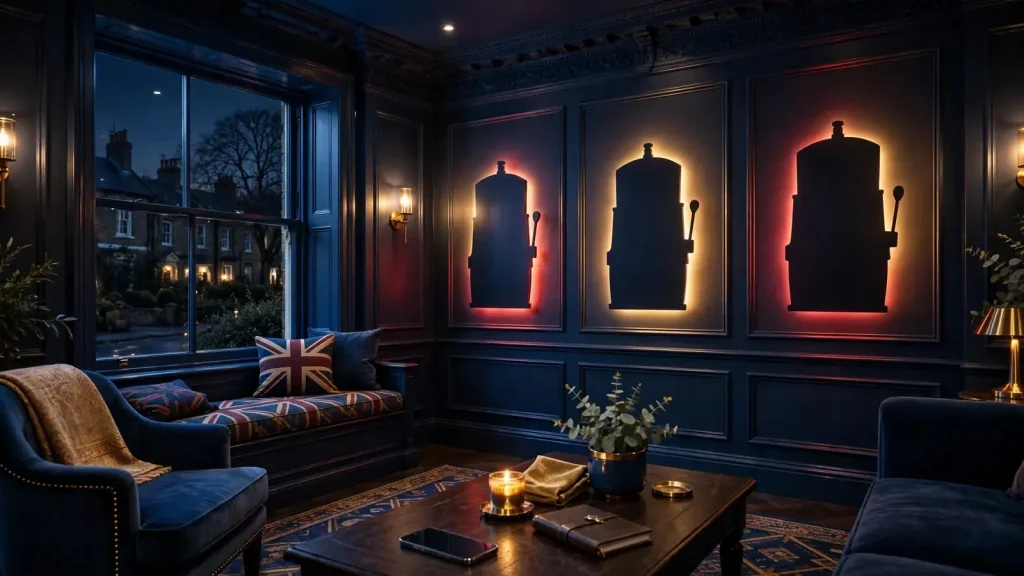 Stylised British casino lounge with abstract slots and smartphone