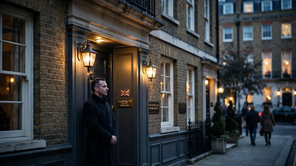 Elegant licensed UK casino building entrance at dusk in London