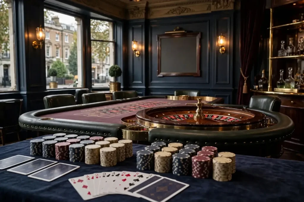 Elegant UK casino lounge with roulette table and restrained gambling imagery