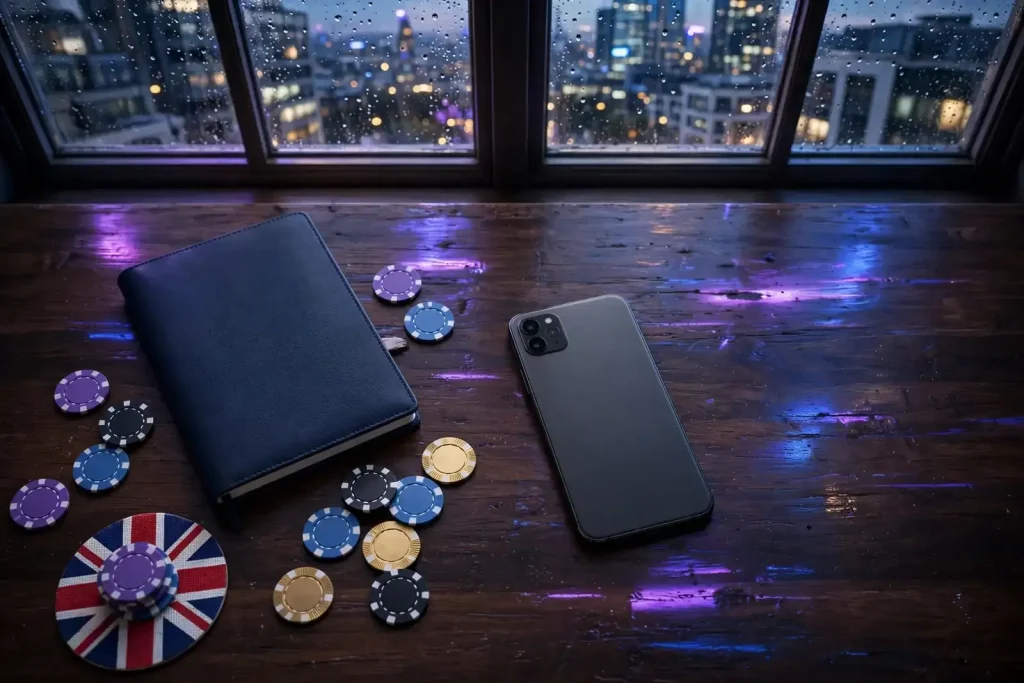 Face-down smartphone, casino chips and London-inspired neon glow