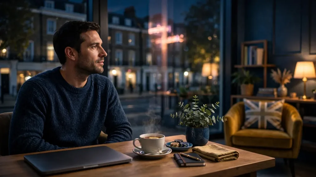 British player at a modern desk with a laptop, nighttime London apartment with warm ambient lighting.