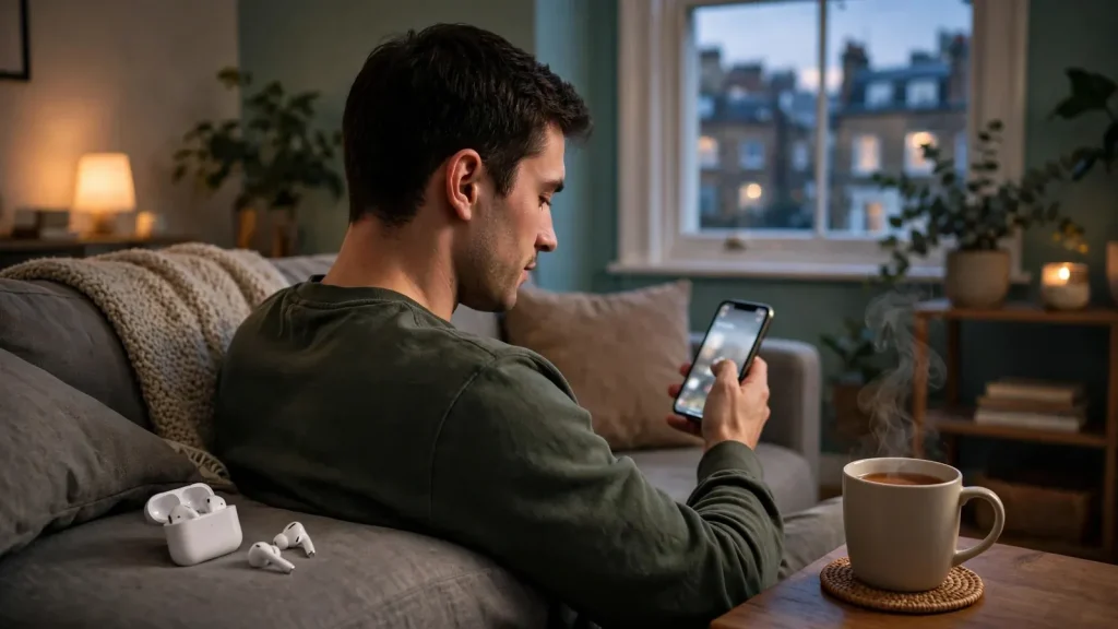 Person relaxing on sofa with smartphone at home in London apartment