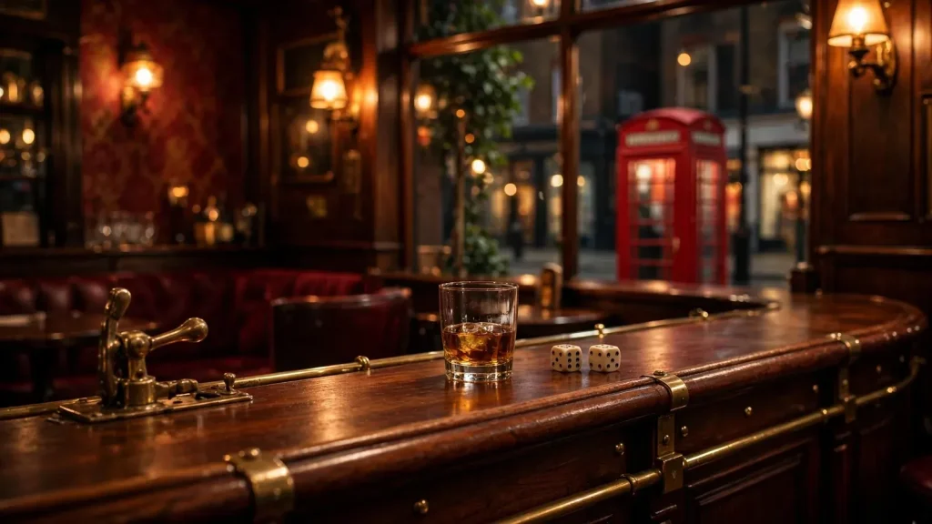 London pub interior with dice and whisky on bar counter at night