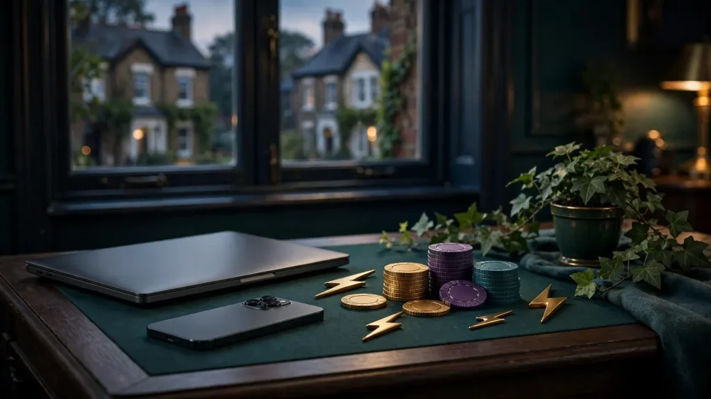 Closed devices, casino chips and lightning motifs in a British gaming setting