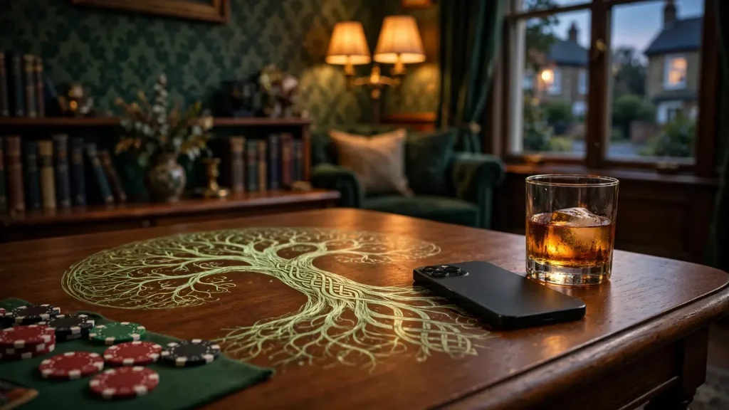 British lounge scene with face-down phone, whisky glass and poker chips on wooden table
