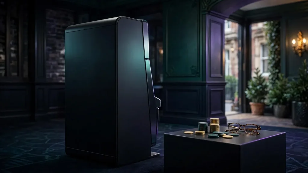 Unbranded slot machine with subdued tokens in a cinematic casino studio