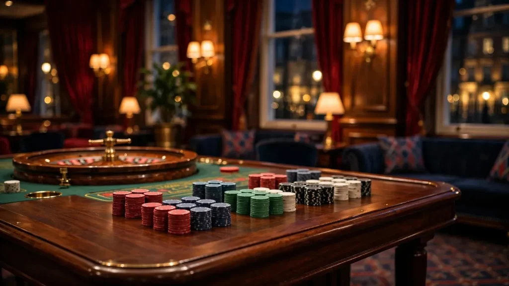 Elegant British casino interior with poker chips and roulette wheel
