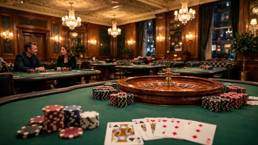Elegant British casino interior with roulette wheel and poker chips