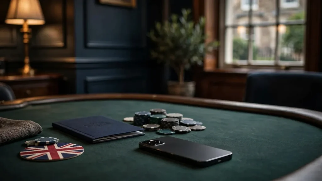 UK-themed responsible casino scene with face-down smartphone, chips, and discreet Union Jack detail
