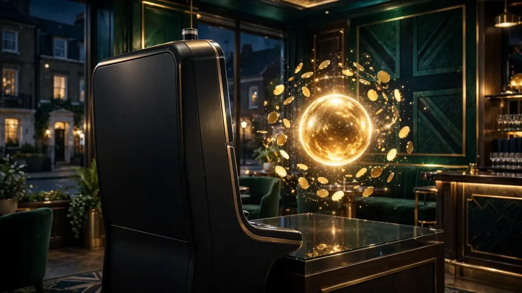 Unbranded slot machine beside a glowing growing jackpot prize