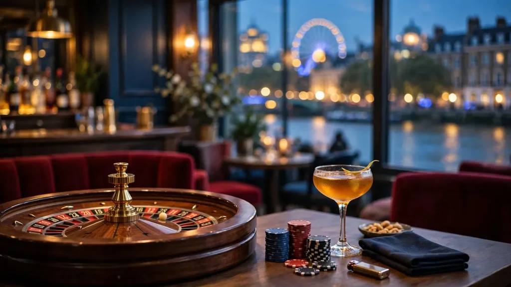 London bar scene with roulette wheel and chips, Thames view at night