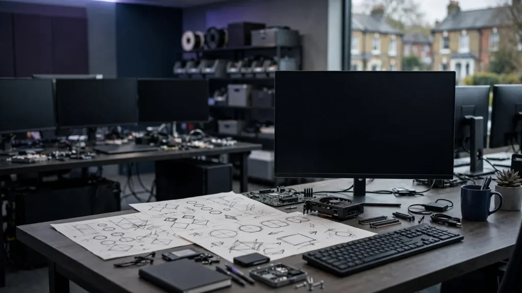 Casino software studio with design sketches and inactive monitors