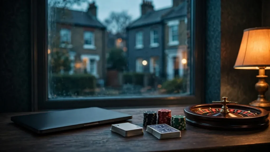 Closed laptop, playing cards, chips and roulette wheel in a relaxed UK setting