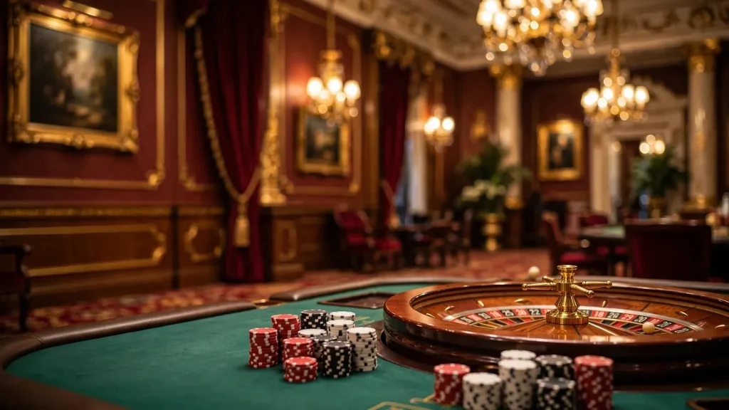 Elegant British casino gaming table with stacked chips and roulette wheel