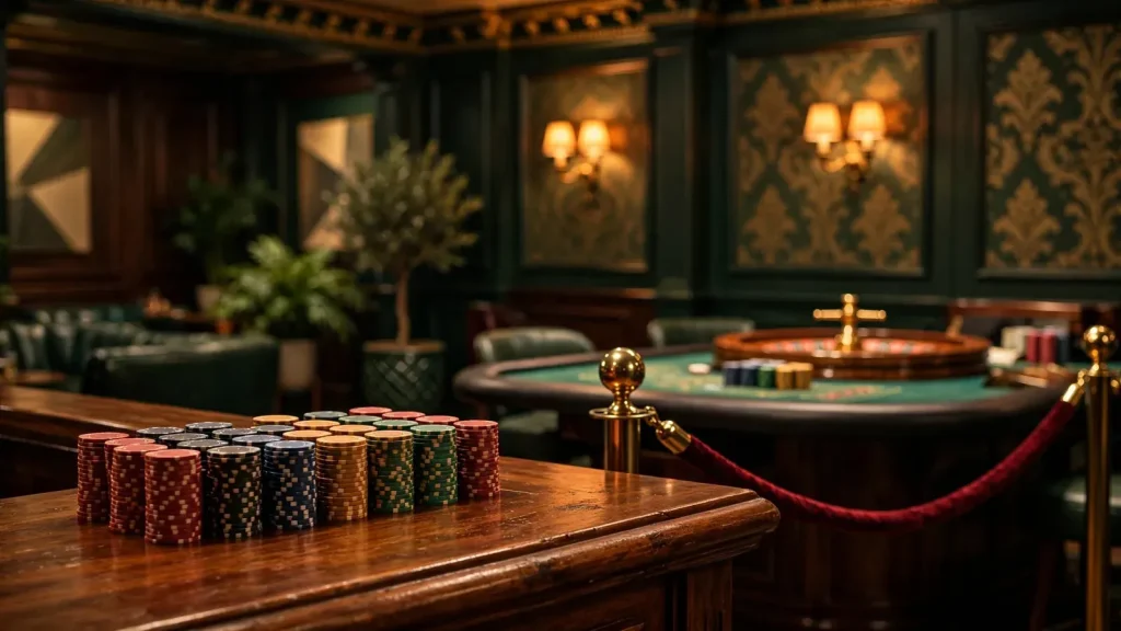 Dimly lit British casino lounge with stacked chips and roulette wheel