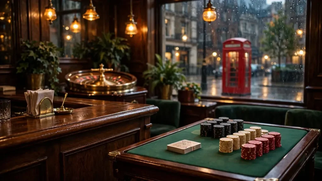 British casino lounge with card table, chips, roulette wheel, and London street view
