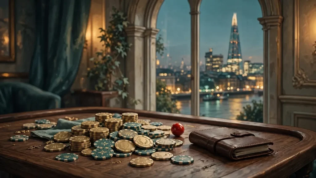 UK casino scene with chips, roulette, and London skyline at dusk
