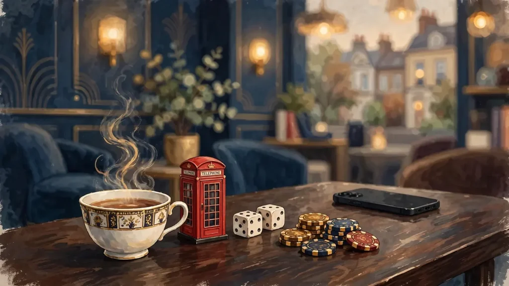 British-themed casino still life with phone, teacup, chips and dice