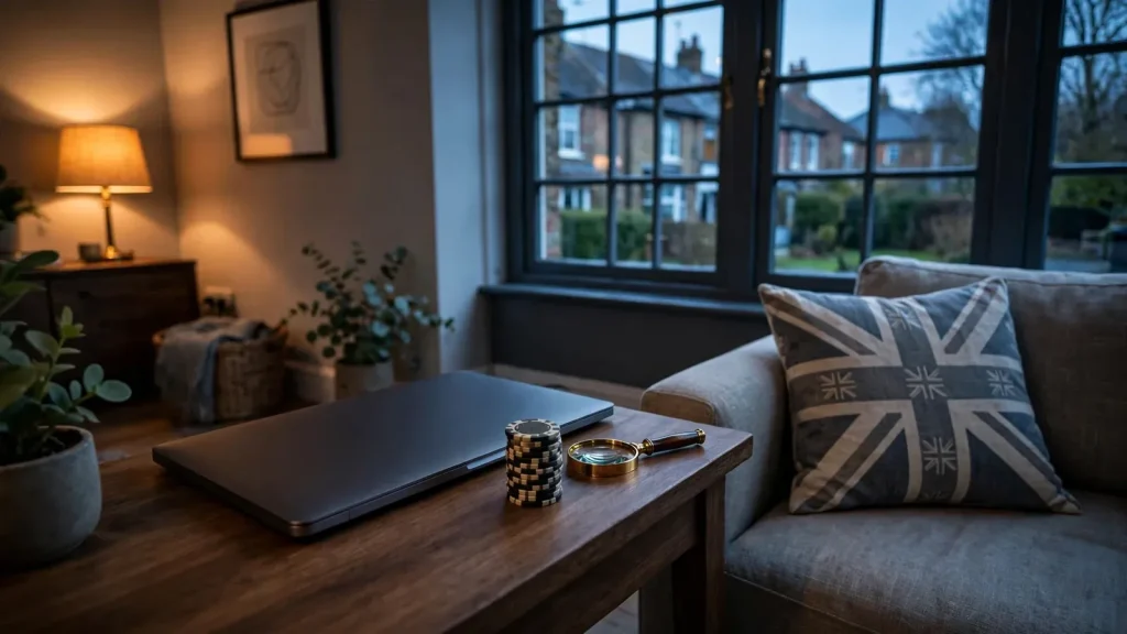 Closed laptop, casino tokens and magnifying glass in a British living room