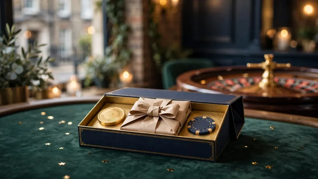 Birthday gift box with golden token and chip on a British casino table