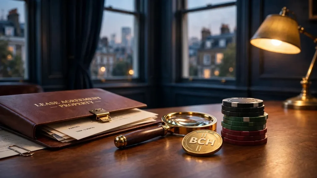 British lounge table with poker chips, BCH coin and official document under magnifying glass