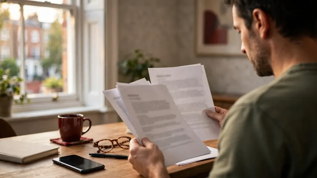 Person carefully reviewing printed casino bonus terms at a desk with a smartphone set face-down