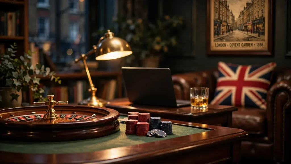 Dimly lit British-themed casino lounge with roulette, chips, and closed laptop