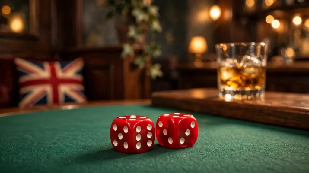 Red and white casino dice on green felt with British bar atmosphere.