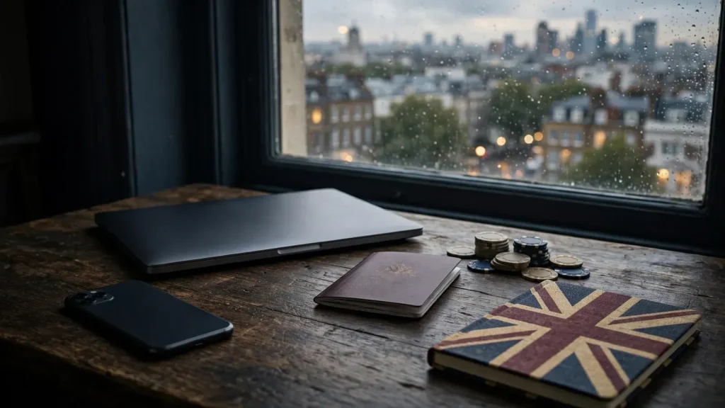 British online casino identity verification concept with smartphone, passport, chips, and London view