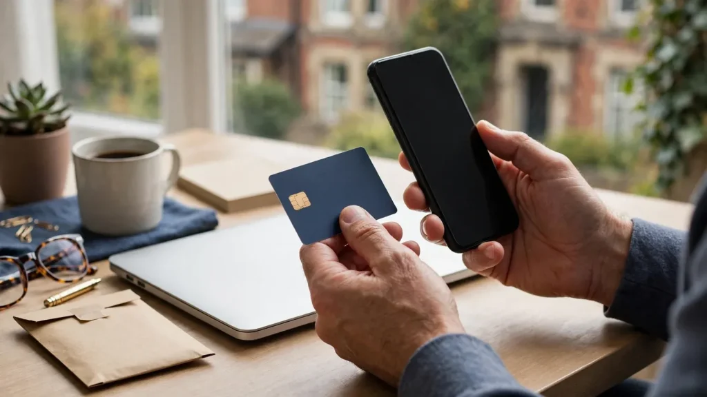 Person holding a smartphone and payment card after a casino withdrawal