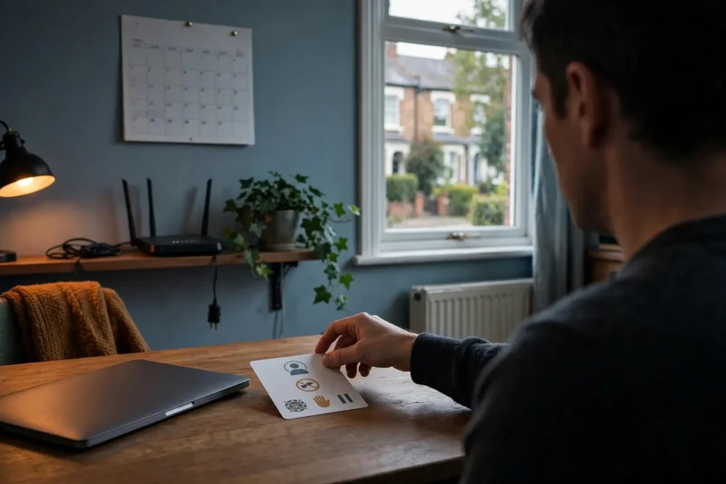 Person pausing near a closed laptop and self-exclusion card