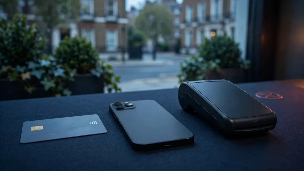 UK credit card beside locked payment devices and warning symbol
