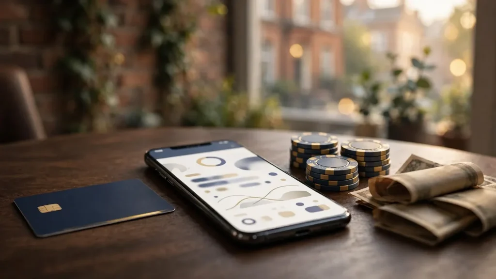 Debit card, smartphone and casino chips on a table