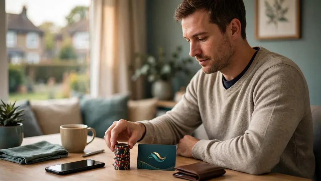 British player at desk with casino chips and e-wallet card