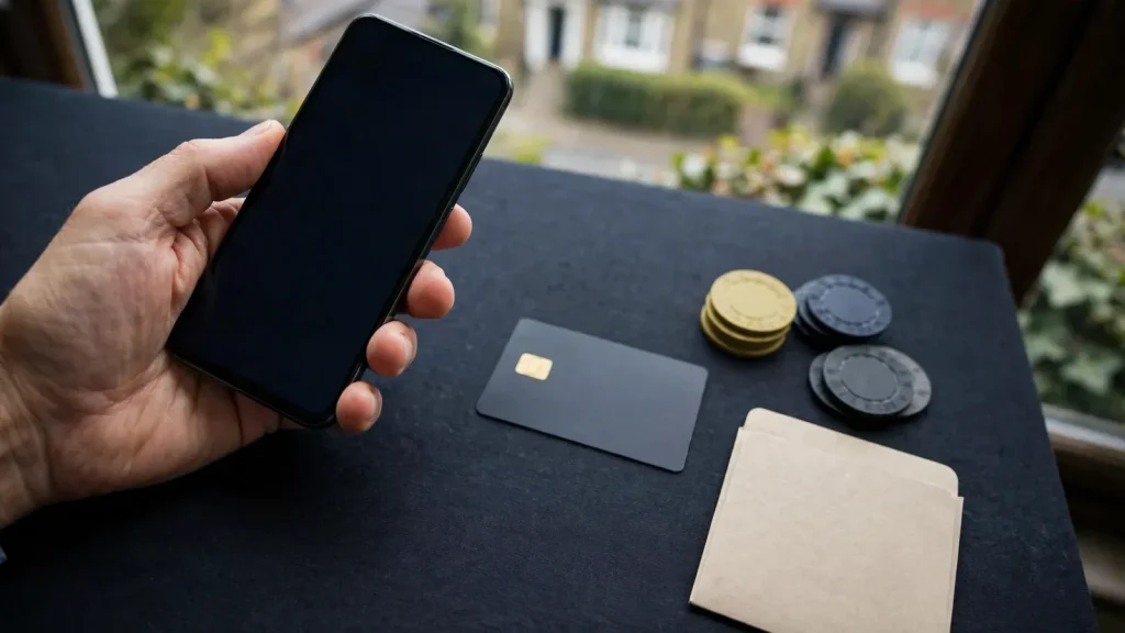 Dark smartphone, payment card and casino chips for a UK payment review