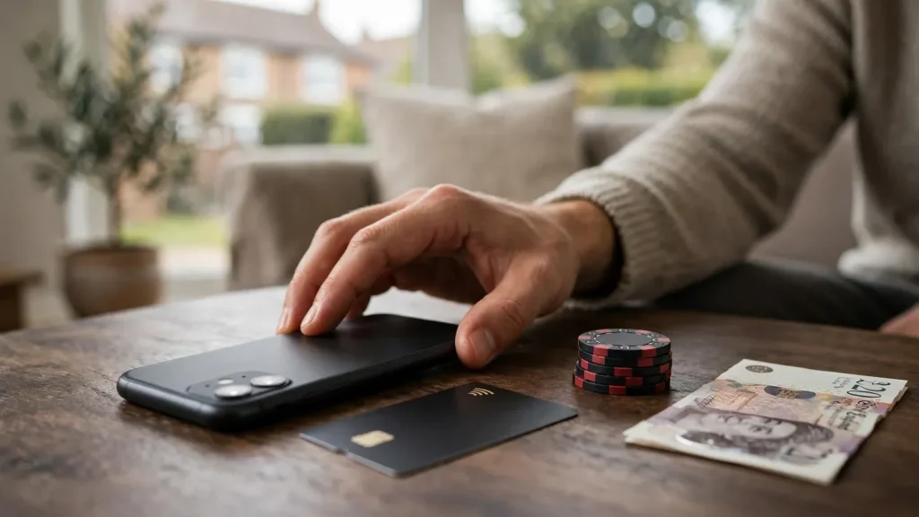 Hands, smartphone, payment card and casino chips on a table