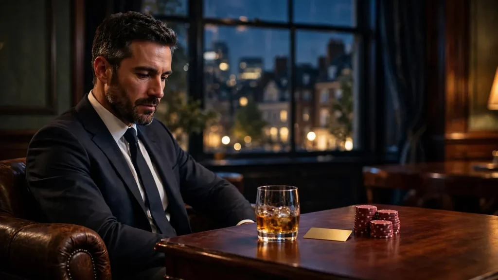 Elegant British gentleman in a private London lounge with casino chips and whisky