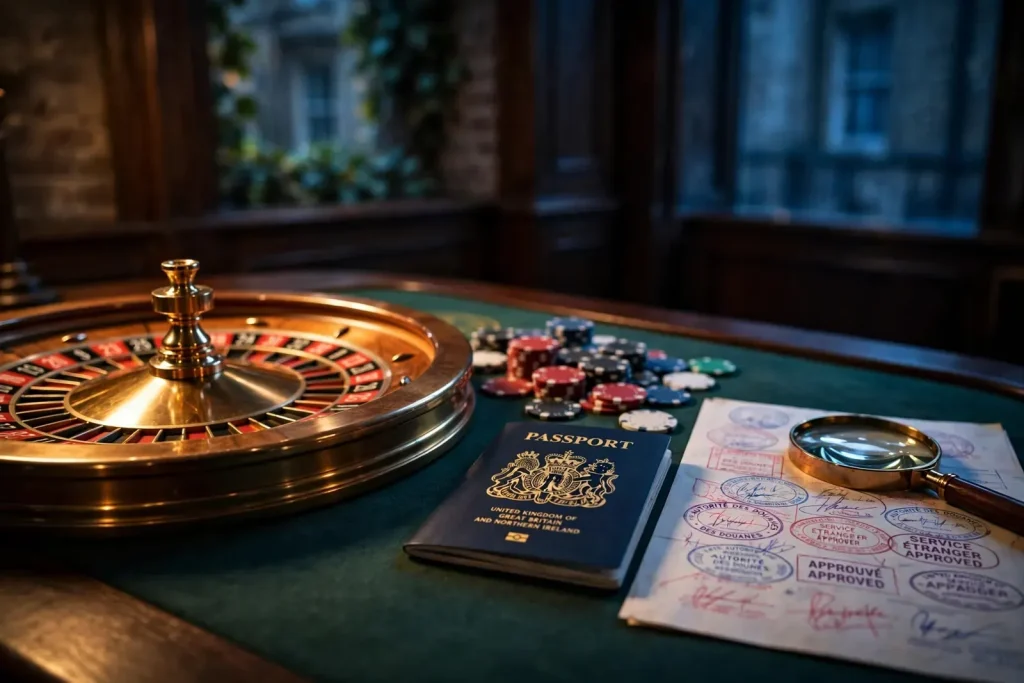 Roulette wheel, chips, passport and stamped document symbolizing foreign-licensed online casinos.