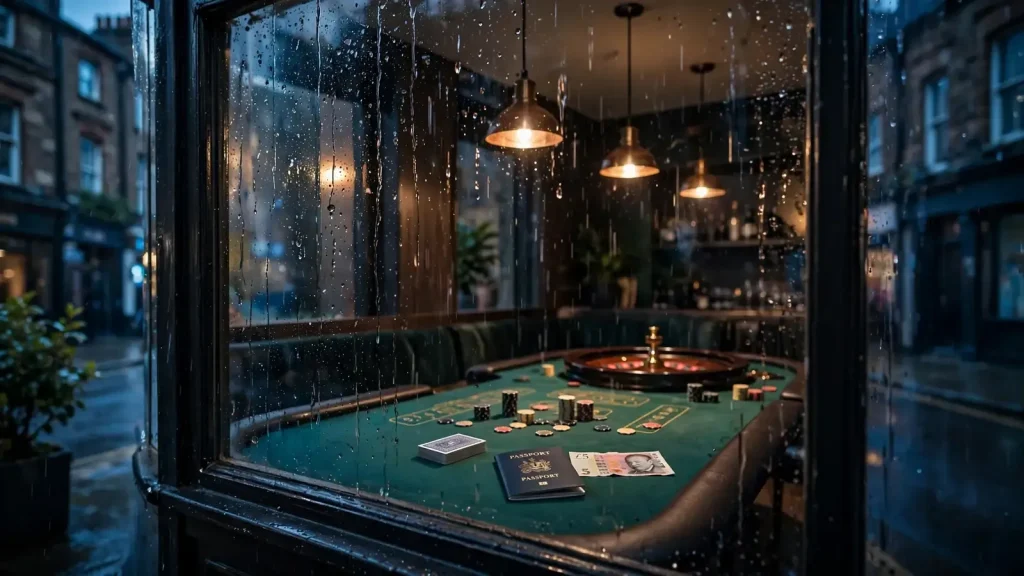 Moody casino lounge seen through rainy window with roulette table and chips