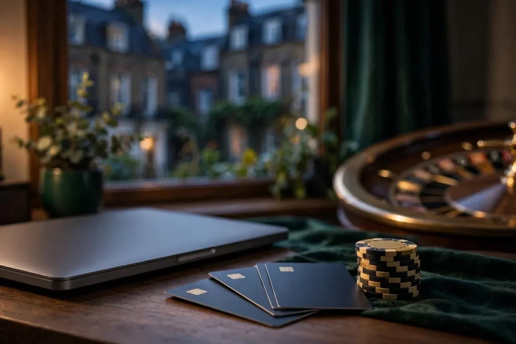 British online casino desk scene with poker chips, roulette, and AstroPay card